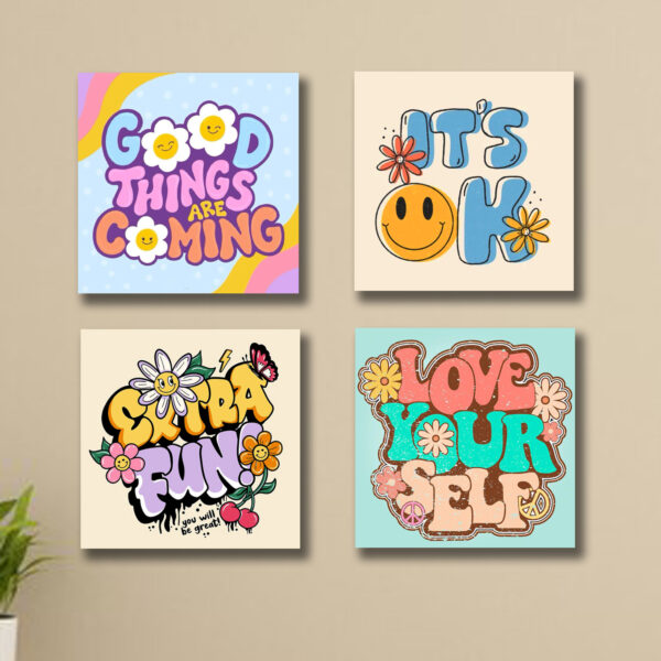 Pack Of 4 Colourful Motivational Words Pictures Wooden Frames 8 By 8 Inches Size For Kids And Girls Room Wall Art Decoration Sticky Phototiles