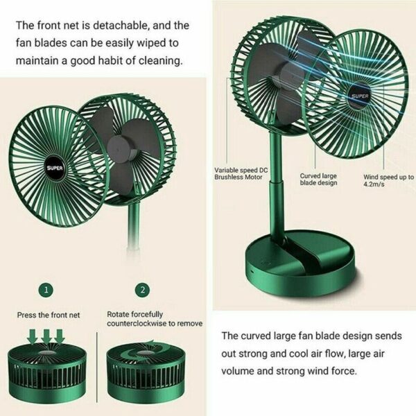 Rechargeable – Portable Telescopic Folding Fan | Usb Foldable | Table Desk Fan | Telescopic Design Floor | 3 Speeds Adjustable Height Fan (random Color) - Image 8