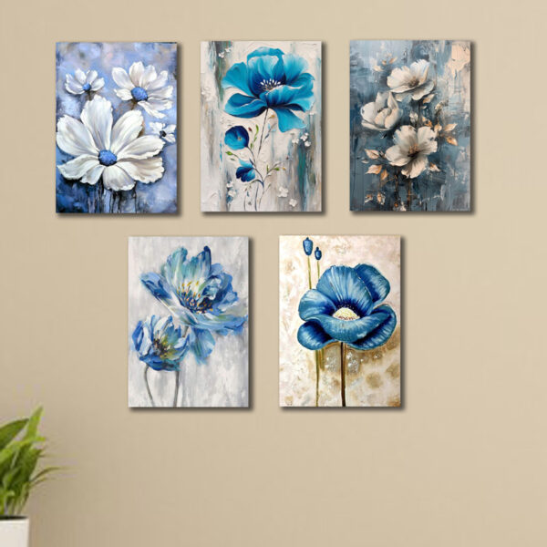 Set Of 5 Blue Flowers Wall Art Wooden Frames For Home Decoration Sticky Photo Tiles