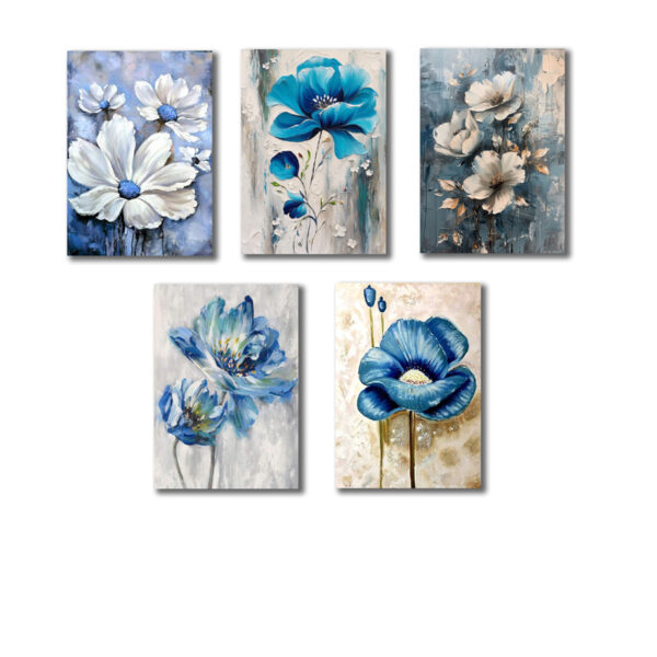 Set Of 5 Blue Flowers Wall Art Wooden Frames For Home Decoration Sticky Photo Tiles - Image 3