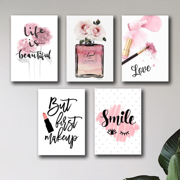 Set Of 5 Make Up Themed Girls Room Decore Wall Art Wooden Sticky Phototile Frames - Image 3