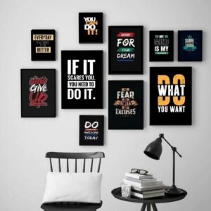 Modern 10-piece Yellow & Black Motivational Wall Art Set Wooden Sticky Phototile Frames
